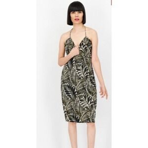 Avec Les Filles‎ NWT Black Palm Allover Printed Halter Satin Midi Dress Large